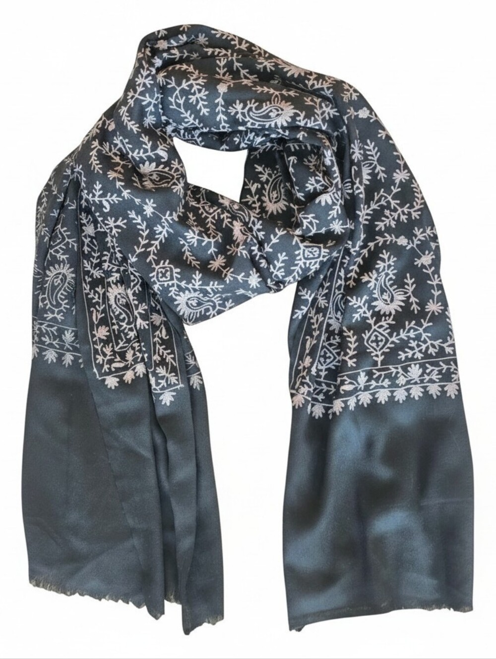 Large Black Shawl with White Floral Embroidery